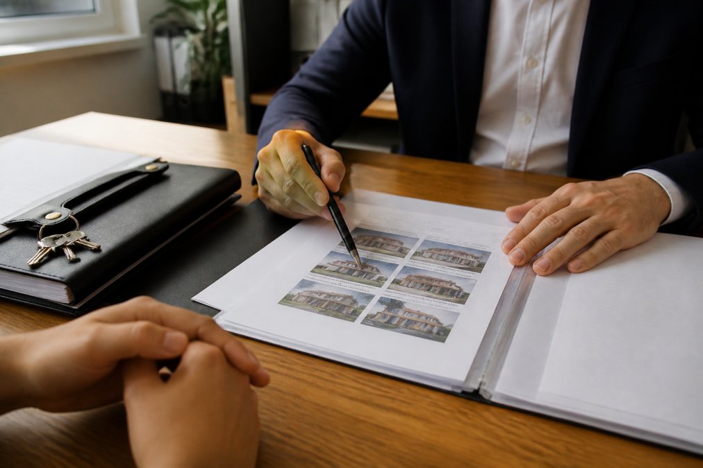 Gros plan sur un écran d'ordinateur affichant une plateforme immobilière avec données de transactions géolocalisées et profils d'acquéreurs, un conseiller immobilier pointant vers les informations de marché avec un stylo
