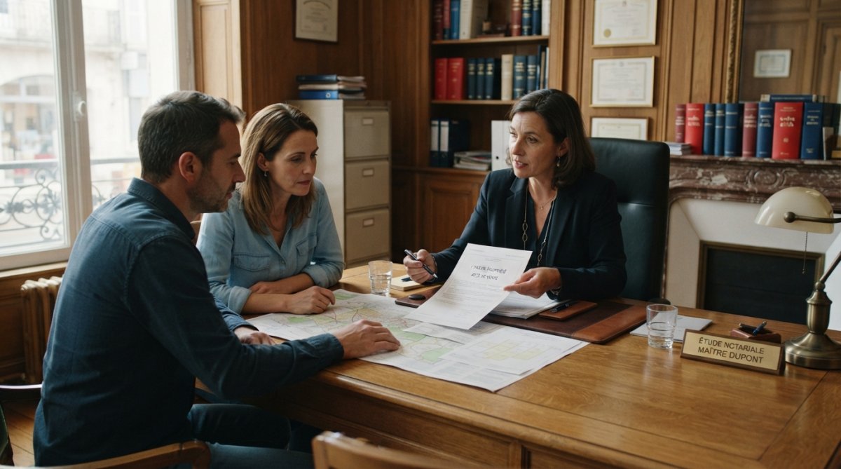 Couple en discussion avec un notaire dans un bureau professionnel, examinant ensemble des documents immobiliers et un titre de propriété sur un bureau en bois