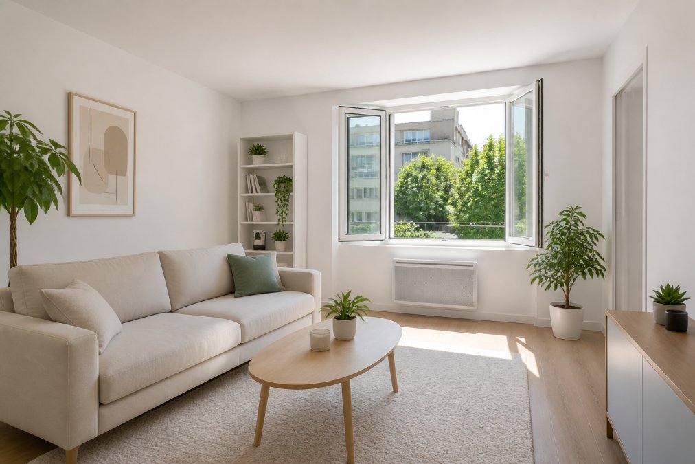 Intérieur lumineux et bien rangé d'un salon avec canapé neutre, décoration épurée, fenêtres ouvertes laissant entrer la lumière naturelle, plantes vertes discrètes et murs blancs