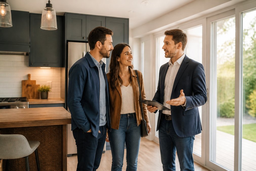 Couple visitant une maison, souriant et discutant avec un agent immobilier dans une cuisine moderne et accueillante, lumière naturelle entrant par les fenêtres
