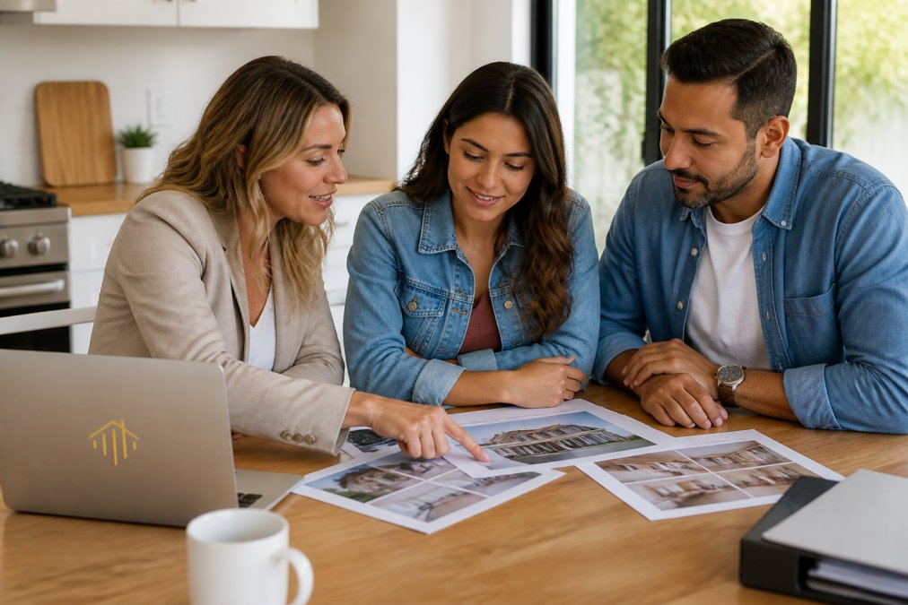Real estate agent and clients reviewing property listing documents and photographs at a kitchen table with laptop and papers spread out in bright, natural light