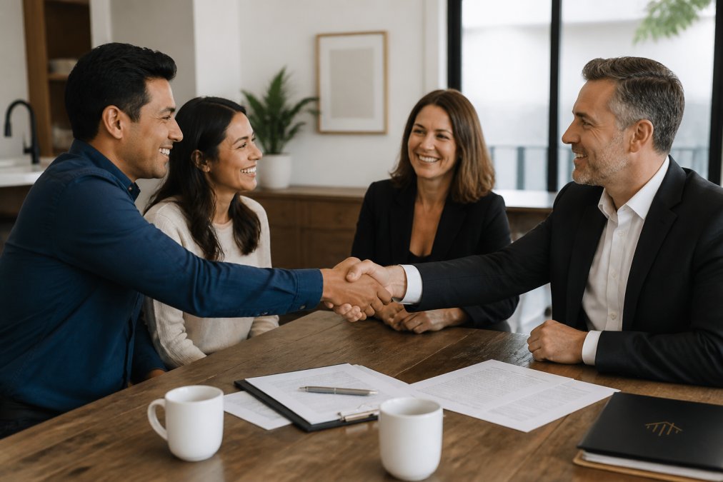 Professional real estate negotiation meeting with buyers, sellers, and agents reviewing contracts and shaking hands across a wooden table with documents and coffee cups
