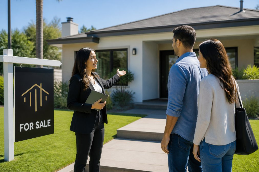 A real estate agent showing a young couple a modern house for sale in Ventura County, with a 'For Sale' sign in the front yard and bright sunny weather