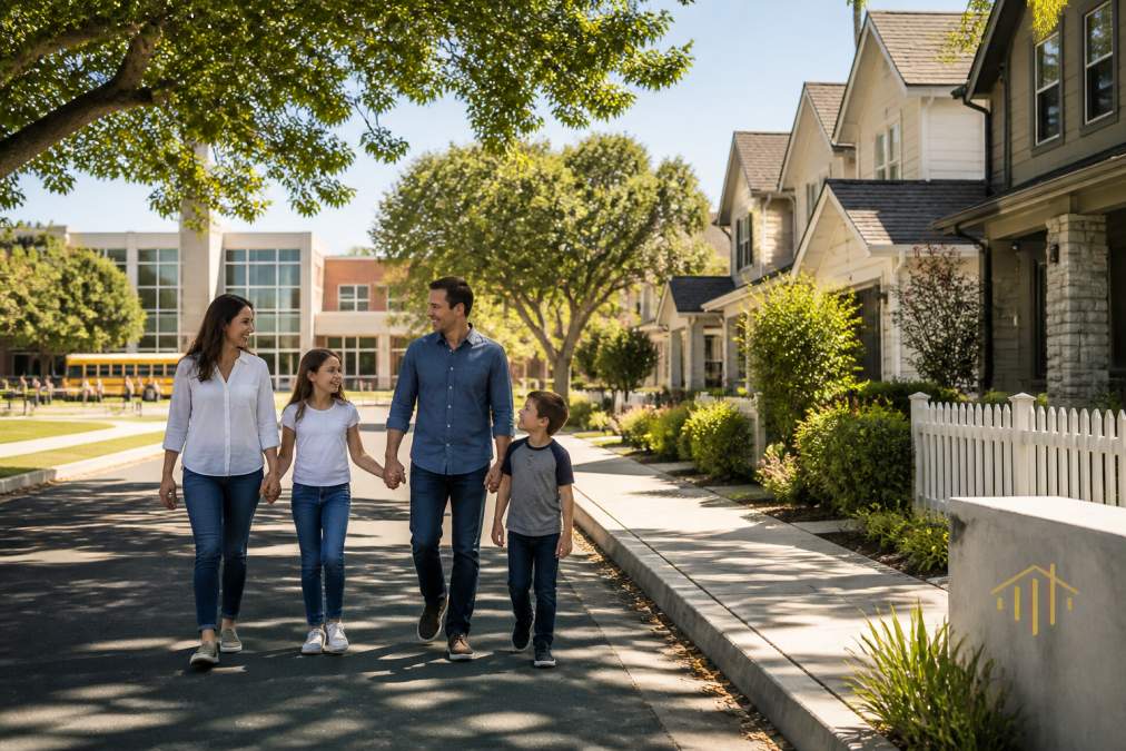Family walking through tree-lined residential street with modern homes and school building visible in background on sunny day