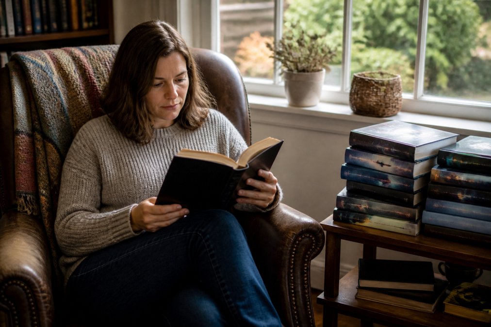 Reader sitting in a comfortable armchair with multiple sci-fi books stacked on a side table, holding one open with an engaged, immersed expression in warm natural lighting