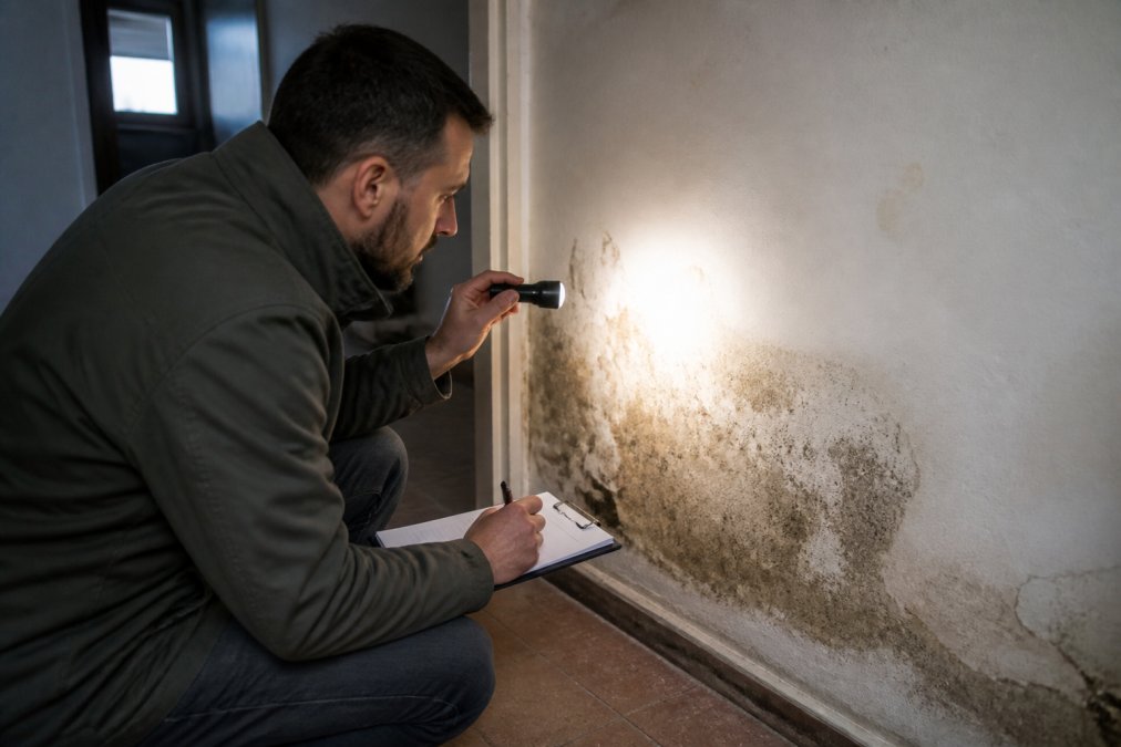 Persoon die tijdens een huisbezichtiging vochtplekken en schimmel aan een muur onderzoekt met een zaklamp en notitieboekje in hand, in een halfduister interieur