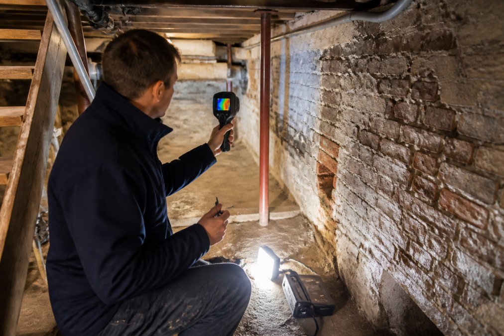 Bouwkundig inspecteur voert onderzoek uit met thermische camera en meetapparatuur in een oude woning, werkende in een kelder met professionele verlichting