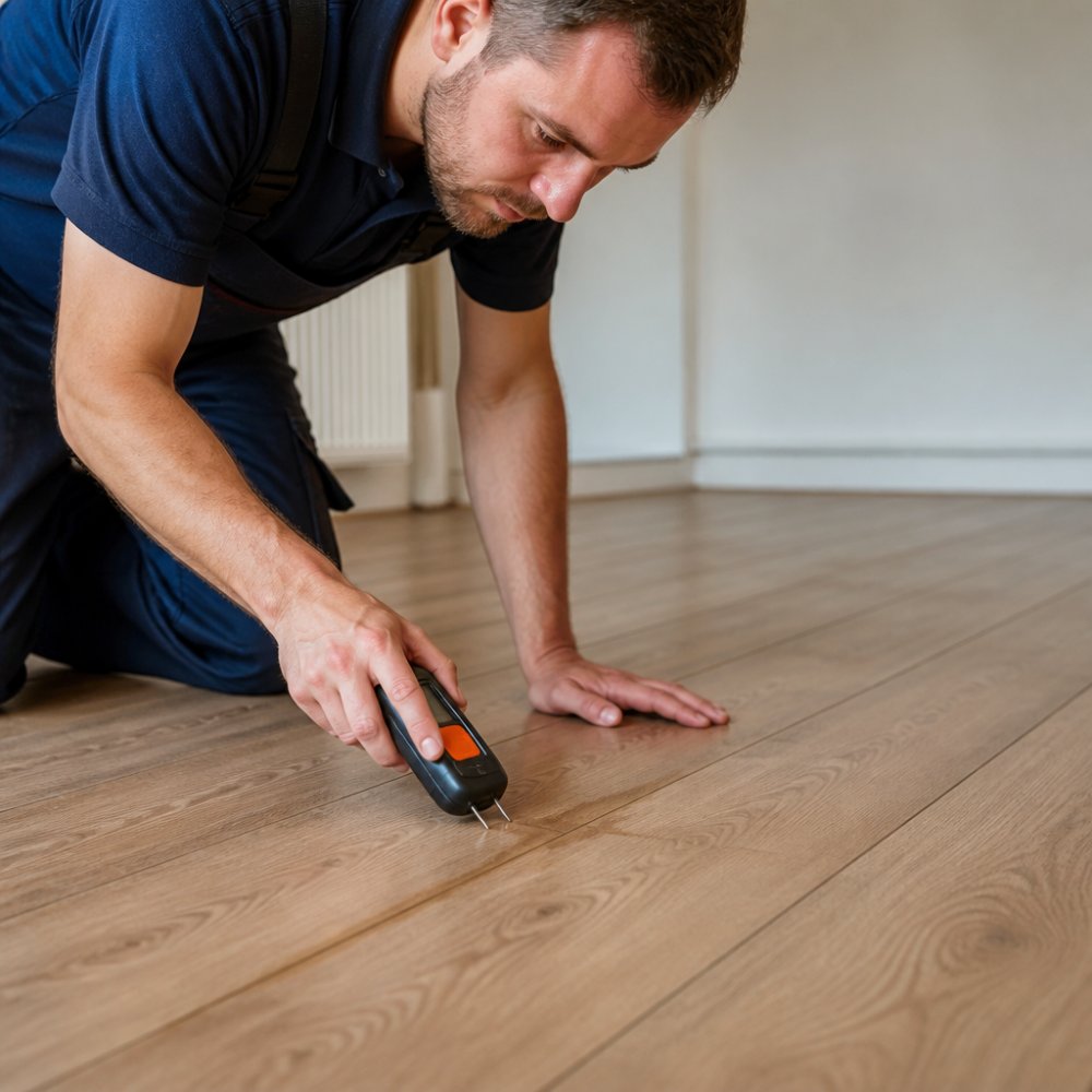 Inspecteur gebruikt een vochtmeter op een houten vloer met verkleuring door een verborgen lekkage bij een voeg in daglicht.