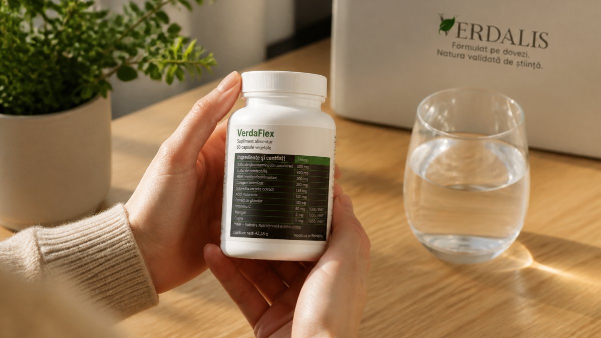 Close-up of a person's hands holding a white food supplement bottle with a clear label, next to a glass of water on a wooden table, natural daylight