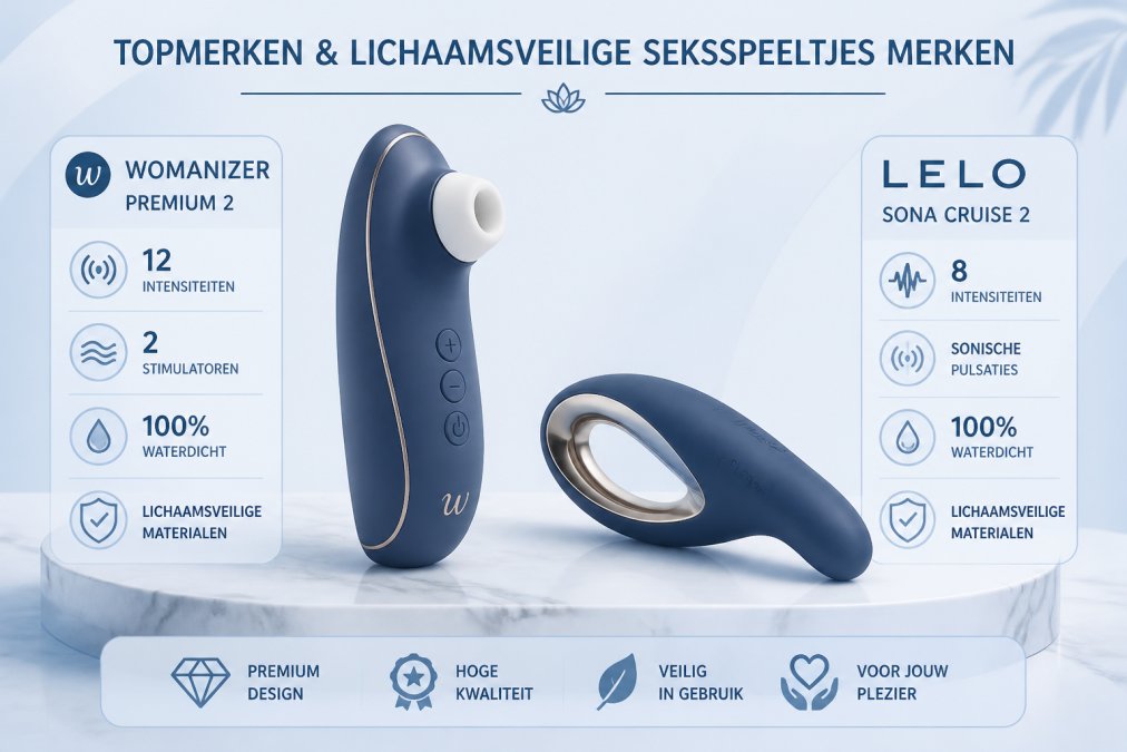 Elegante luxe adult producten (Womanizer Premium 2, LELO Sona Cruise 2) zorgvuldig uitgestald op een neutrale marmeren ondergrond met zachte natuurlijke verlichting, waarbij het design en de kwaliteit van de producten duidelijk zichtbaar zijn
