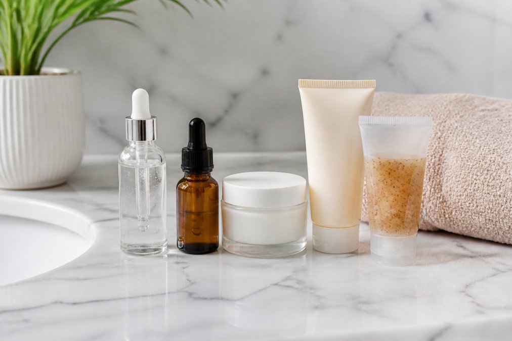 Een overzichtsfoto van vijf verschillende huidverzorgingsproducten (serums, crème en scrub) op een witte marmeren wastafel, met een zachte handdoek en een groene plant op de achtergrond, natuurlijk daglicht