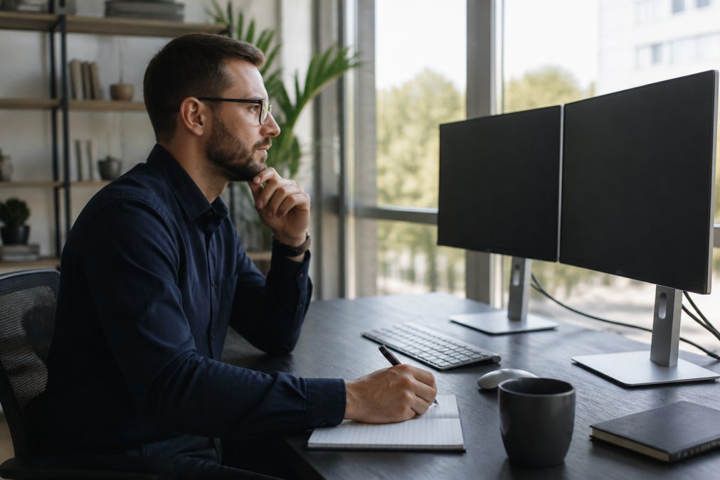 Professionele webmaster geconcentreerd werkend op moderne kantoor met meerdere beeldschermen, natuurlijke verlichting door grote ramen, koffiekopje en notitieblok op bureau