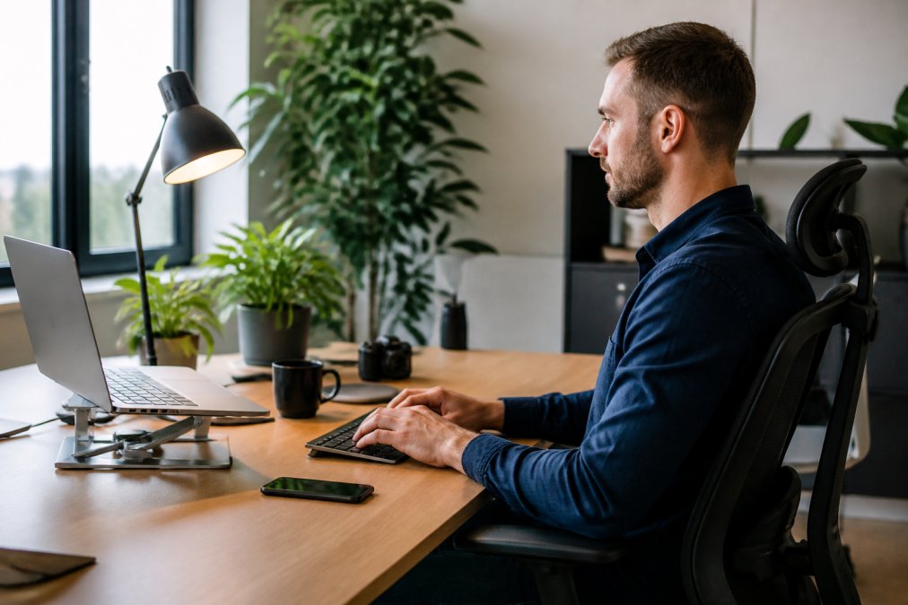 Webmaster geconcentreerd aan het werk in moderne kantooromgeving met focus op scherm, meerdere monitors, ergonomische setup met natuurlijke daglicht