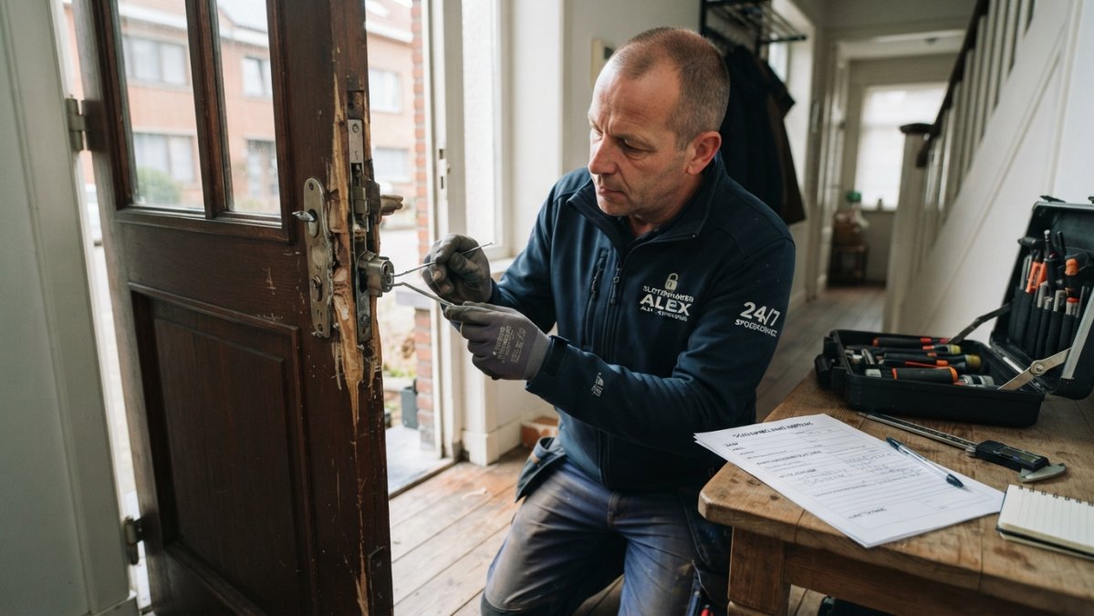 Close-up van een slotenmaker die met gereedschap een beschadigd deurslot na een inbraak inspecteert, met een geopende voordeur en een schadeformulier op de tafel naast hem