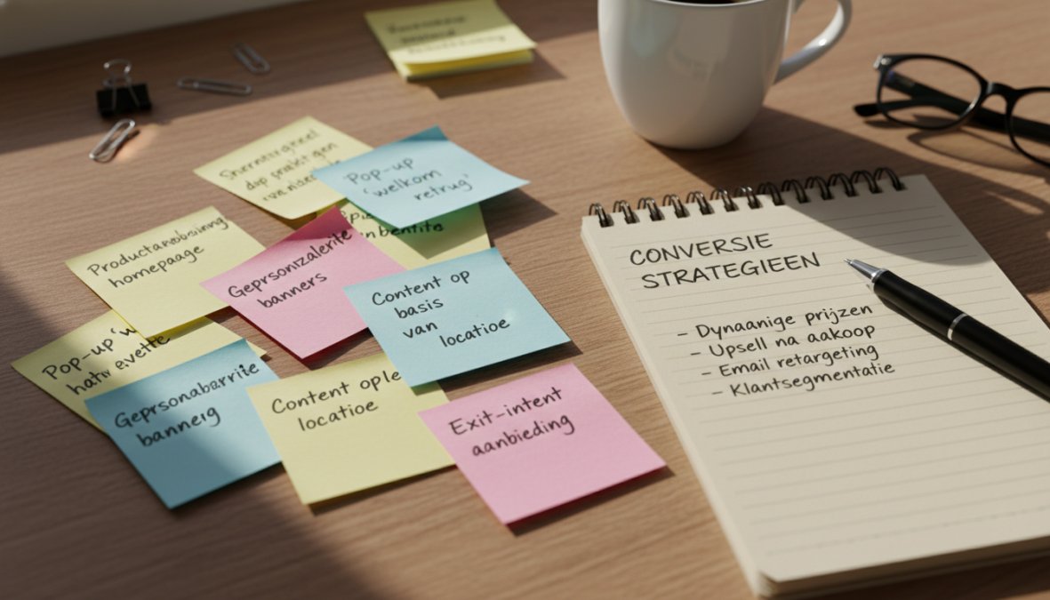 Een marketingprofessional die een website analytics dashboard bestudeert op een laptop in een modern, lichtrijk kantoor, met sticky notes en een notitieboekje naast het scherm