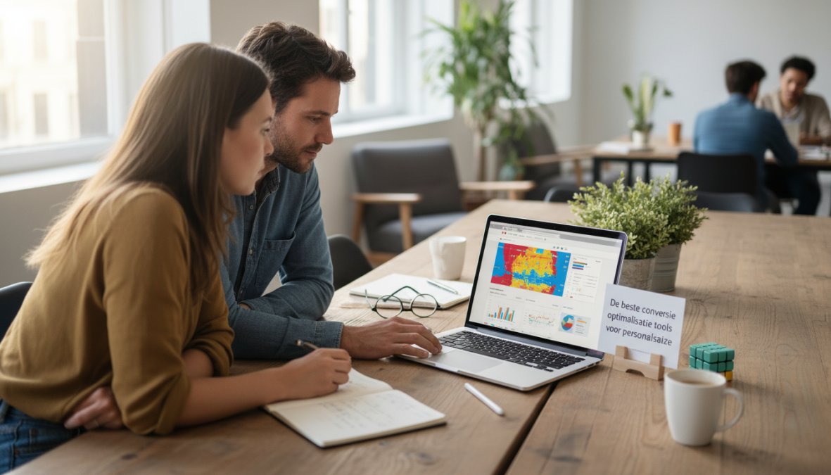 Twee collega's die samenwerken rond een laptopscherm met website heatmaps en gebruikersgedragsdata in een lichte co-working ruimte, met koffiekopjes op tafel en een whiteboard op de achtergrond