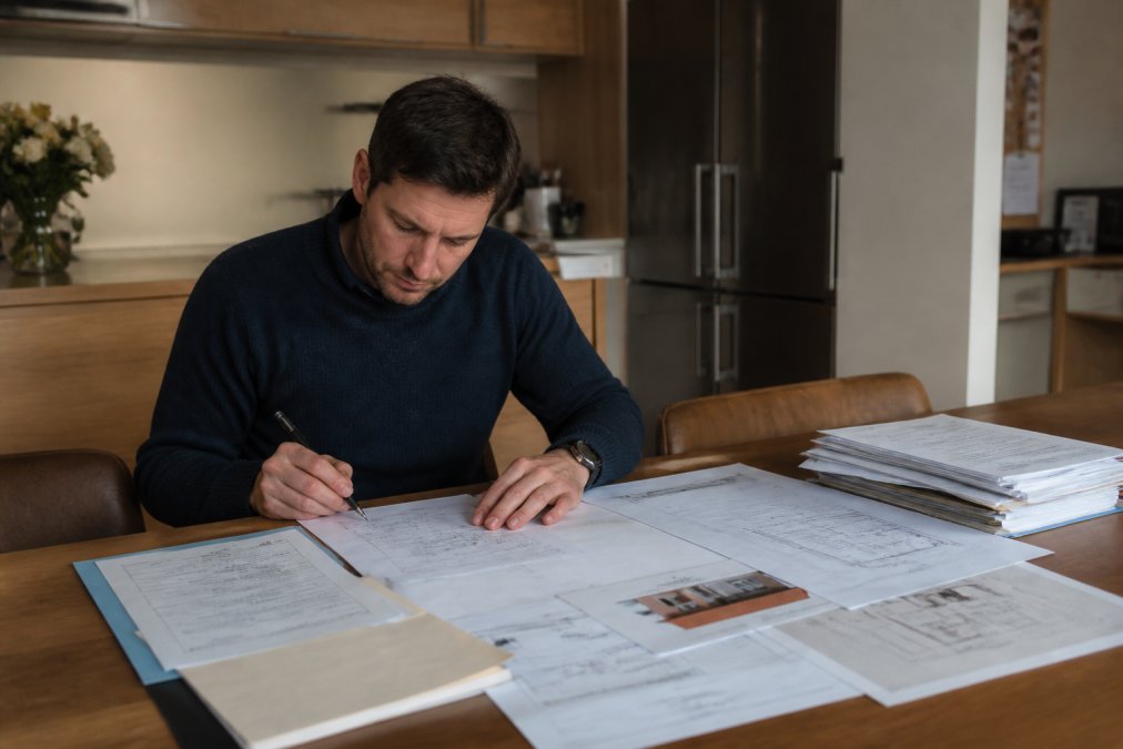 Huiseigenaar zittend aan keukentafel met aanvraagformulieren, bouwplannen en documenten uitgespreid, laptop open met gemeentelijke website