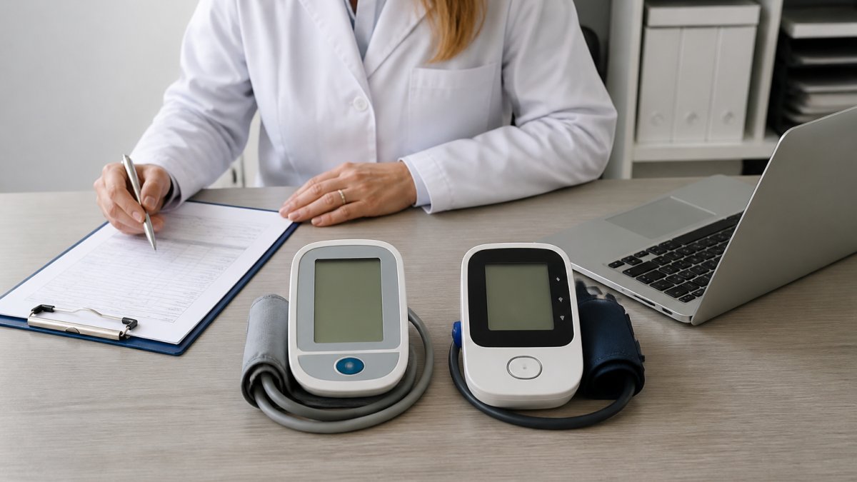 A clinic procurement manager in a white coat comparing two blood pressure monitors on a desk, with a clipboard and laptop showing product listings nearby, soft overhead lighting