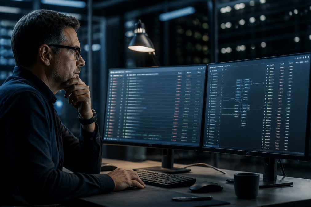 A security architect at a large enterprise reviewing authorization logs on a dual-monitor setup in a dimly lit operations center, with code and access control dashboards visible on screen