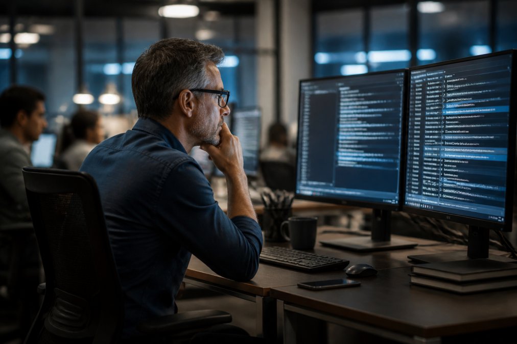 A security architect at a large enterprise reviewing agent verification logs on a dual-monitor workstation in a dimly lit operations center, with cryptographic hash values visible on one screen