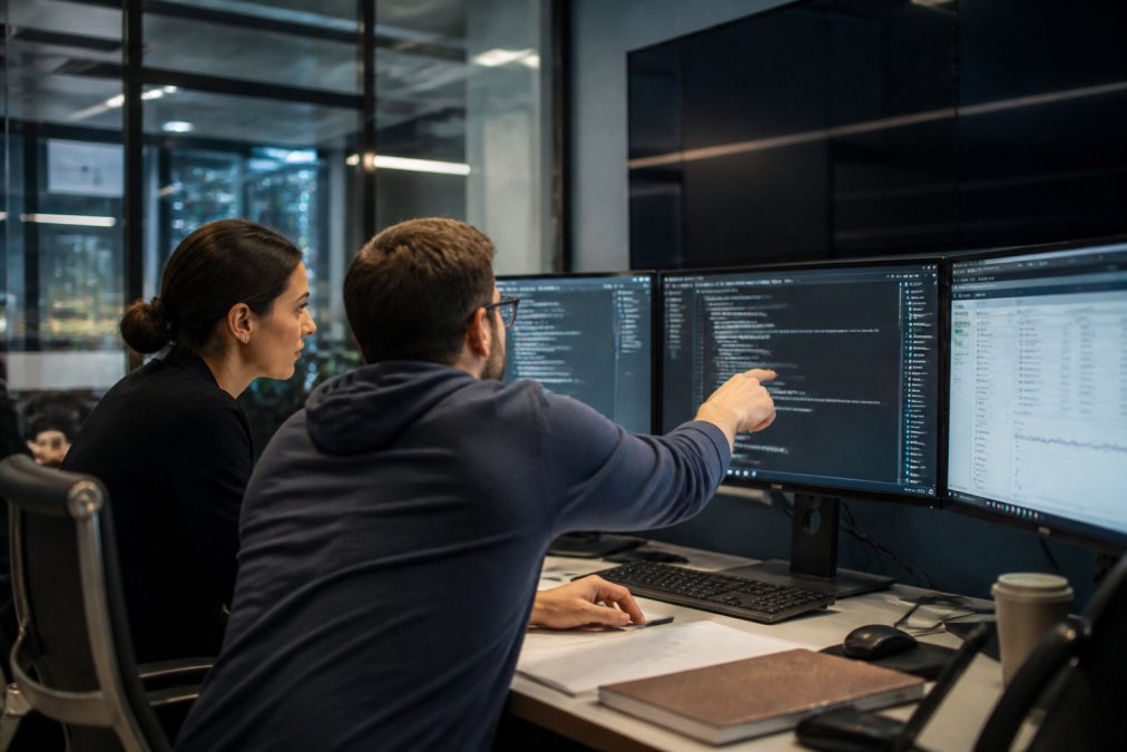 Security architect and AI engineer reviewing agent verification logs on multiple monitors displaying code analysis and formal verification results in a modern control room with soft blue lighting