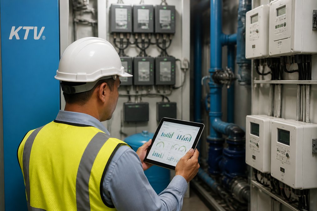 Facility manager using a tablet to review verifiable ESG data on energy dashboards in a building plant room
