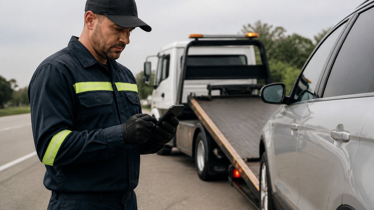 Professional tow truck operator using smartphone to access DMV occupational license lookup database while standing next to a vehicle on roadside