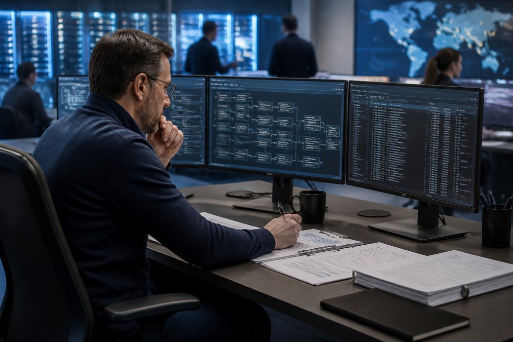 Security architect reviewing AI agent workflow on a dual-monitor setup in a secure operations center, with compliance documents and execution logs visible on the desk