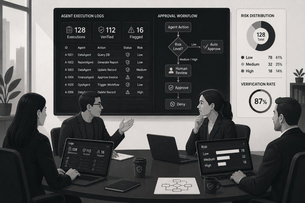 Team of engineers and risk managers collaborating at a conference table, reviewing agent execution logs on laptops and discussing approval workflows in a modern office