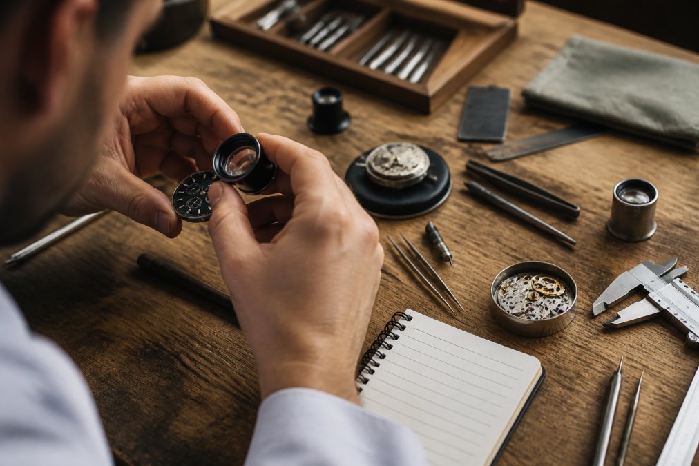 Person's hands carefully examining a watch dial and movement with a magnifying glass on a wooden workbench, with documentation and calibration tools visible in soft workshop lighting