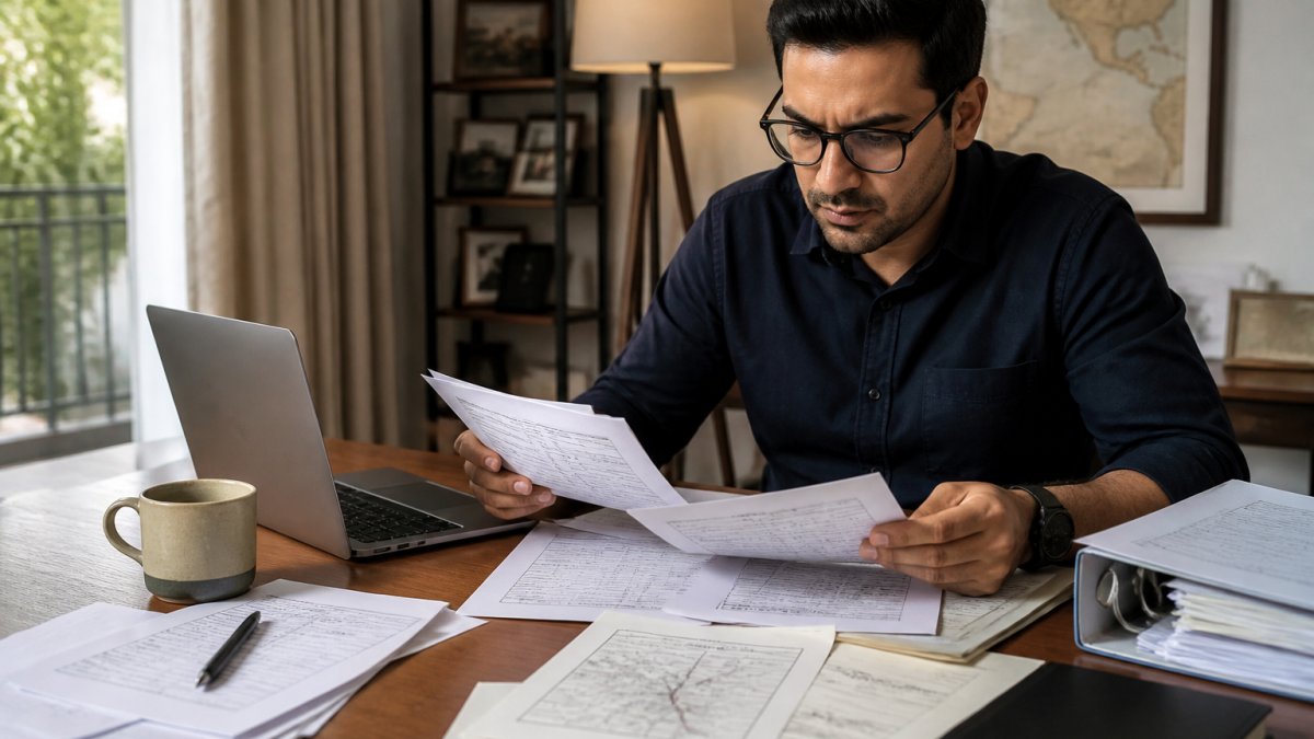 Professional NRI sitting at desk with laptop, reviewing printed property documents and land records, with coffee nearby, examining ancestral property details