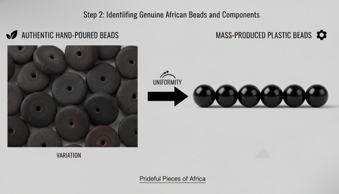Close-up of authentic hand-poured African beads showing natural surface texture and slight color variations compared to uniform mass-produced plastic beads side by side