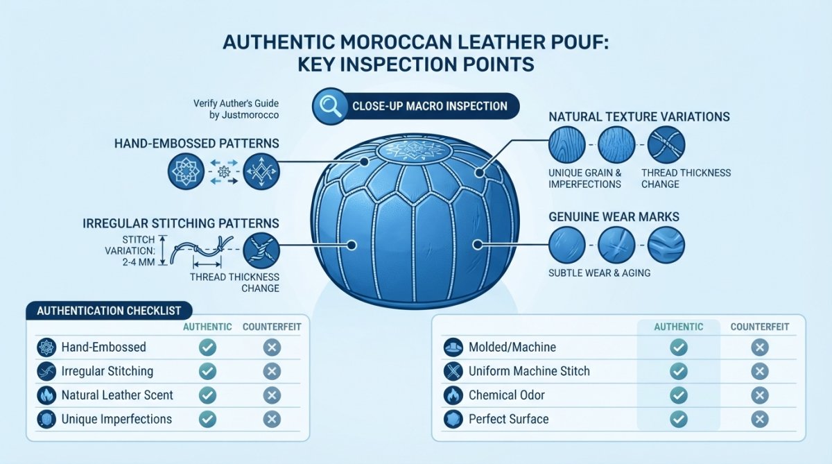 Close-up macro photography of authentic hand-embossed Moroccan leather showing detailed stitching patterns, natural color variations, and subtle wear marks on a traditional leather pouf under natural side lighting