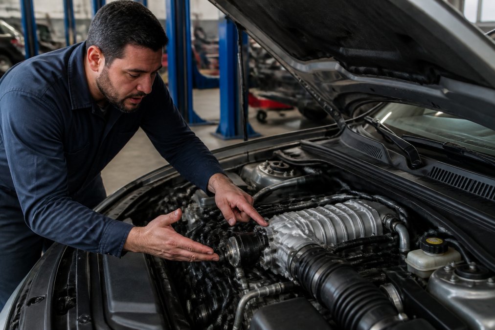 Professional mechanic pointing to a newly installed engine component in the engine bay, with overhead shop lighting illuminating the work area and the mechanic's hands gesturing toward the part