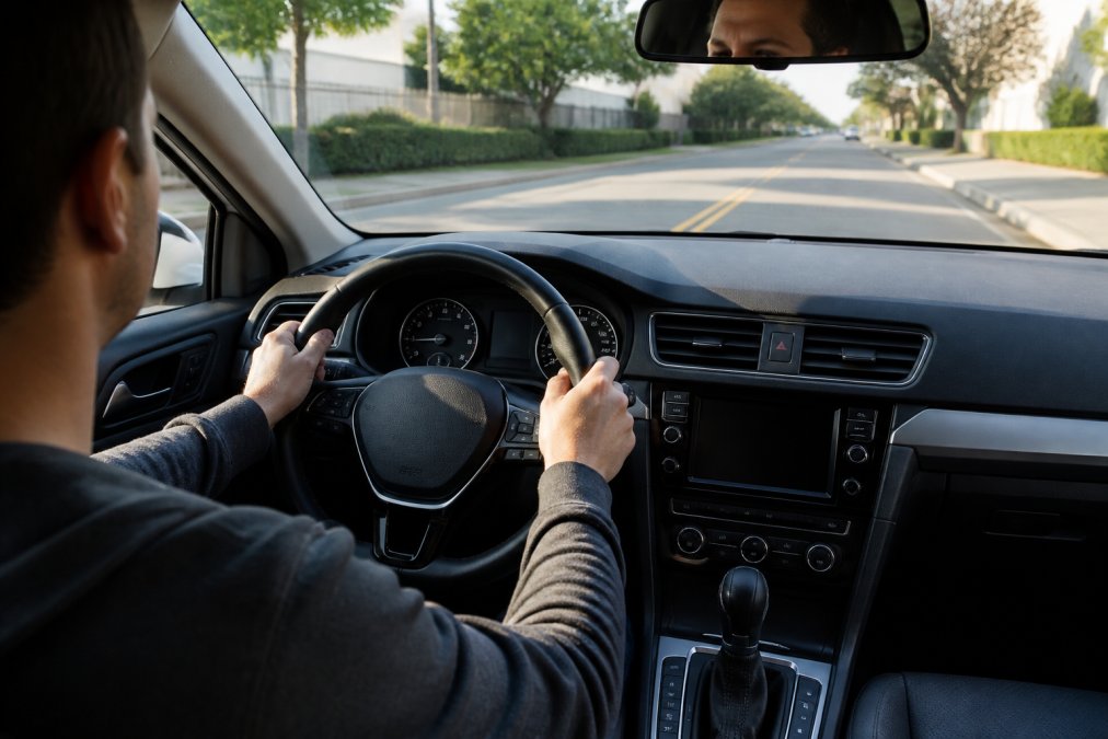 Driver seated in vehicle with both hands on the steering wheel, testing acceleration and braking on a quiet suburban road with clear daylight