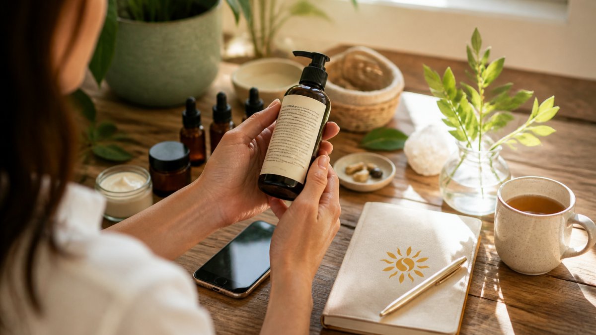 Woman holding a skincare bottle and smartphone to verify clean beauty ingredient transparency in natural light.