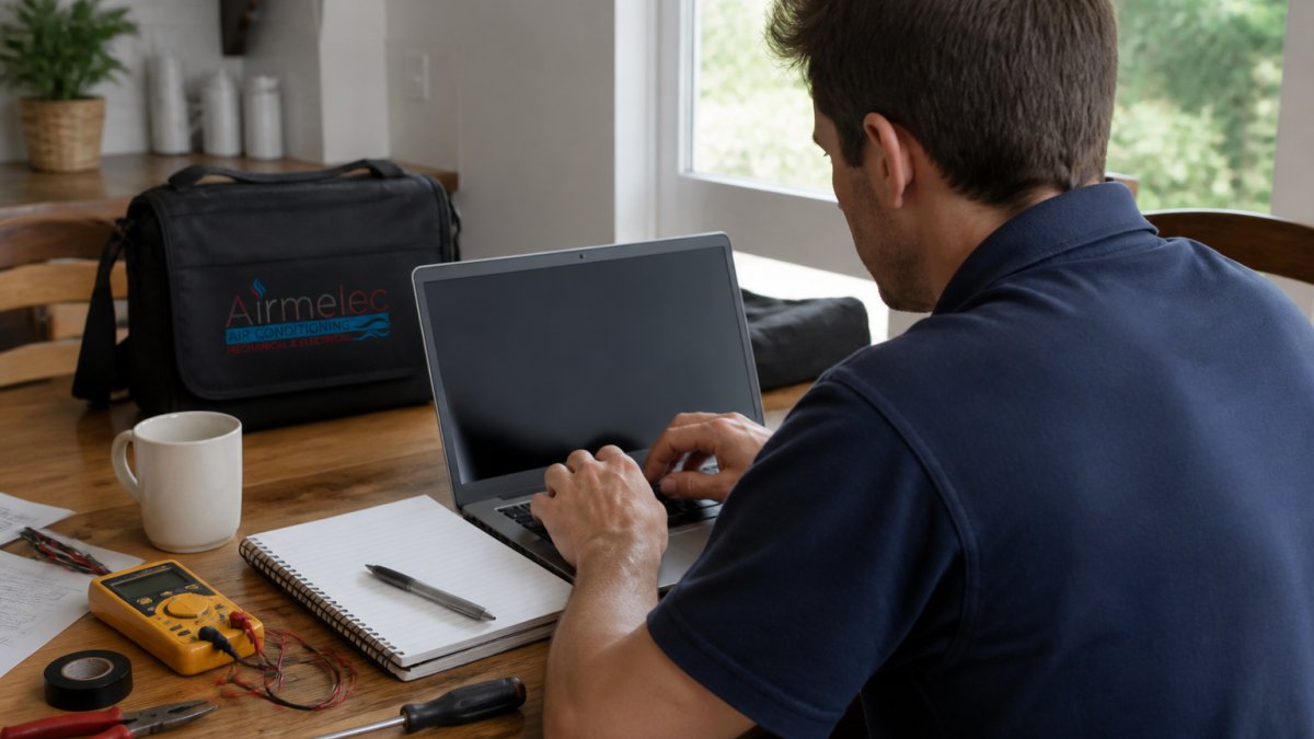 Homeowner using a laptop to verify licensed electrical contractors on a government register website