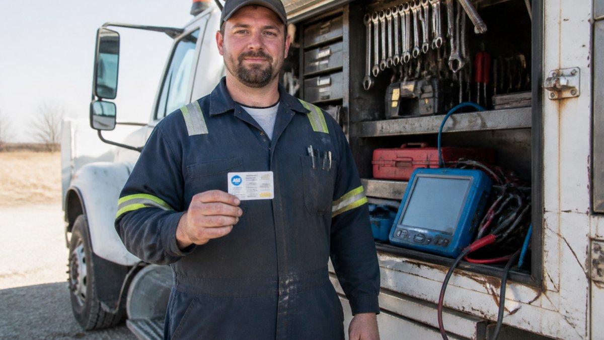 Professional mobile mechanic in work uniform holding ASE certification credential card next to a fully equipped diesel service truck with diagnostic equipment visible