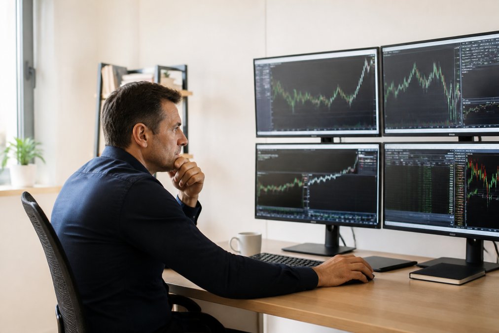 Professional trader sitting at desk with multiple monitors displaying MT5 trading terminal with signal provider statistics, equity curves, and performance metrics visible on screen with natural office lighting