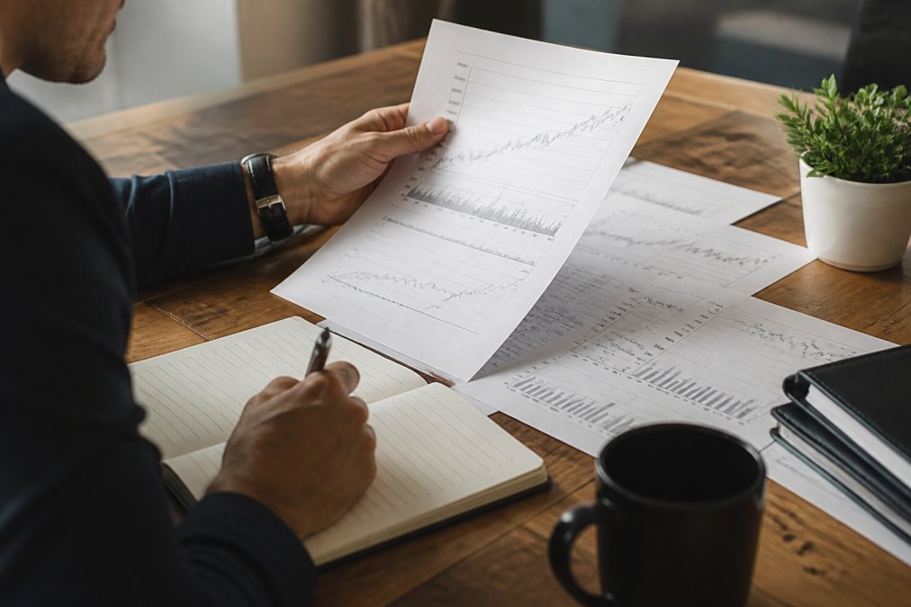 Close-up of professional trader's hands with notebook and pen, reviewing trading documents and equity curve printouts on wooden desk with natural lighting