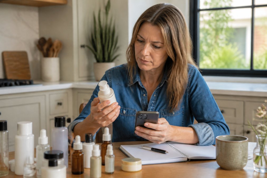 A woman in her 40s sitting at a sunlit kitchen table, holding a skincare bottle and reading its ingredient list while scrolling through a database on her smartphone