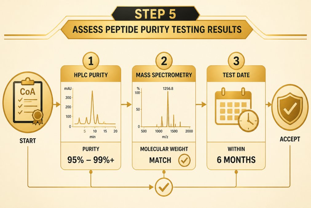 Verify Peptide Batch Consistency Online: A Step-by-Step Guide Flowchart showing how to interpret HPLC purity percentage (95%-99%+), mass spectrometry identity confirmation (molecular weight match), and test date relevance (within 6 months) in a peptide CoA