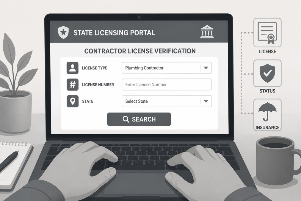 Close-up of hands on a laptop keyboard with a state licensing portal open on screen, showing a search form for contractor verification