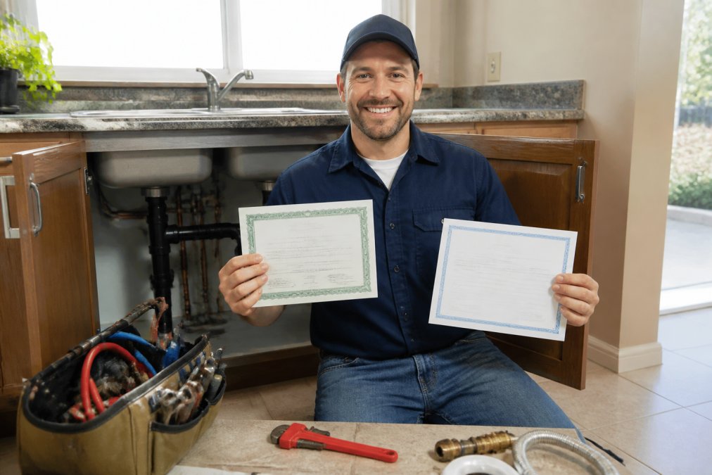 Professional plumber in uniform holding an insurance certificate and license documentation, smiling at the camera in a work setting