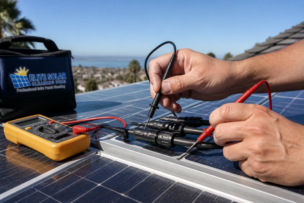 Hands using a multimeter to test solar panel output via MC4 connectors on a sunny rooftop