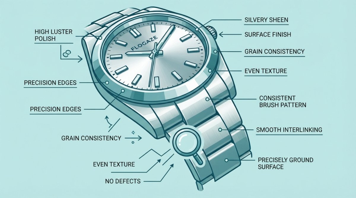 Close-up of a polished stainless steel watch face and bracelet showing silvery sheen, fine grain patterns, and reflective surface finish under natural lighting