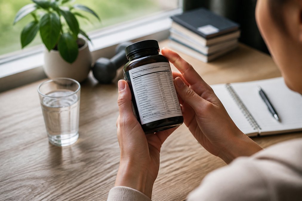 Close-up of hands holding a supplement bottle and reading the detailed Supplement Facts panel with ingredient list clearly visible in natural light