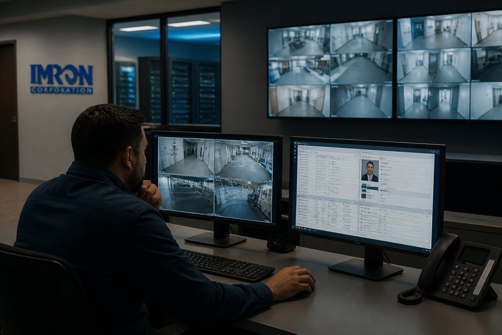 Operator managing unified physical security across sites for Verkada alternatives, showing camera feeds and data.