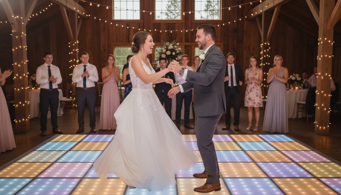 Bruidspaar danst op een verlichte dansvloer huren voor bruiloft terwijl enthousiaste gasten toekijken tijdens het feest.