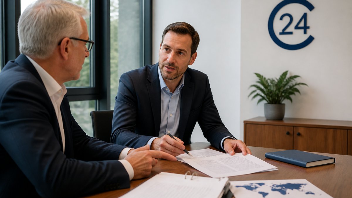 Geschäftsführer und Berater diskutieren internationale Unternehmensstrukturen an einem Konferenztisch mit Dokumenten und Laptop